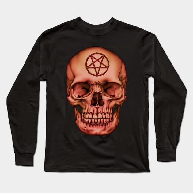 Pentagram Human Skull V666 Long Sleeve T-Shirt by Crude Casey